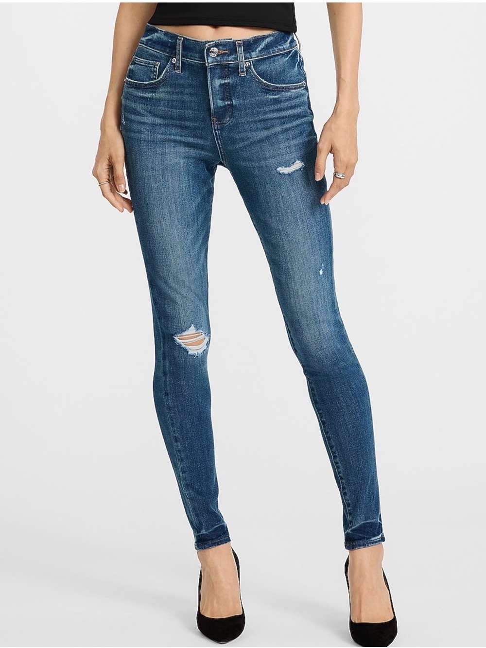 BNWT Express Mid Rise Dark Wash Ripped Skinny Jeans 14
